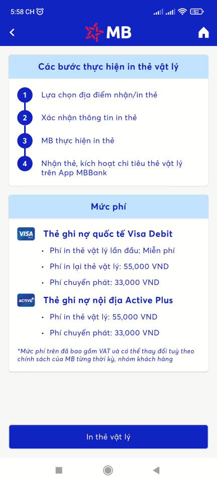 Mở thẻ ghi nợ quốc tế Visa Debit MBBank