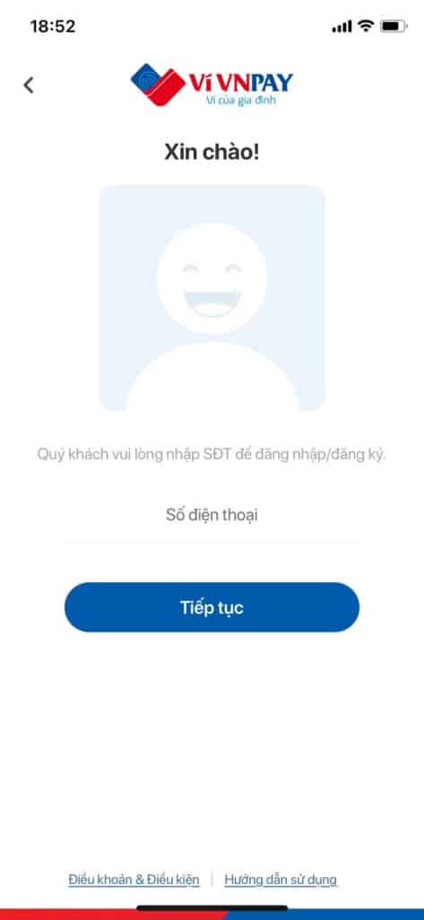 Nhập số điện thoại đăng ký ví điện tử Vnpay